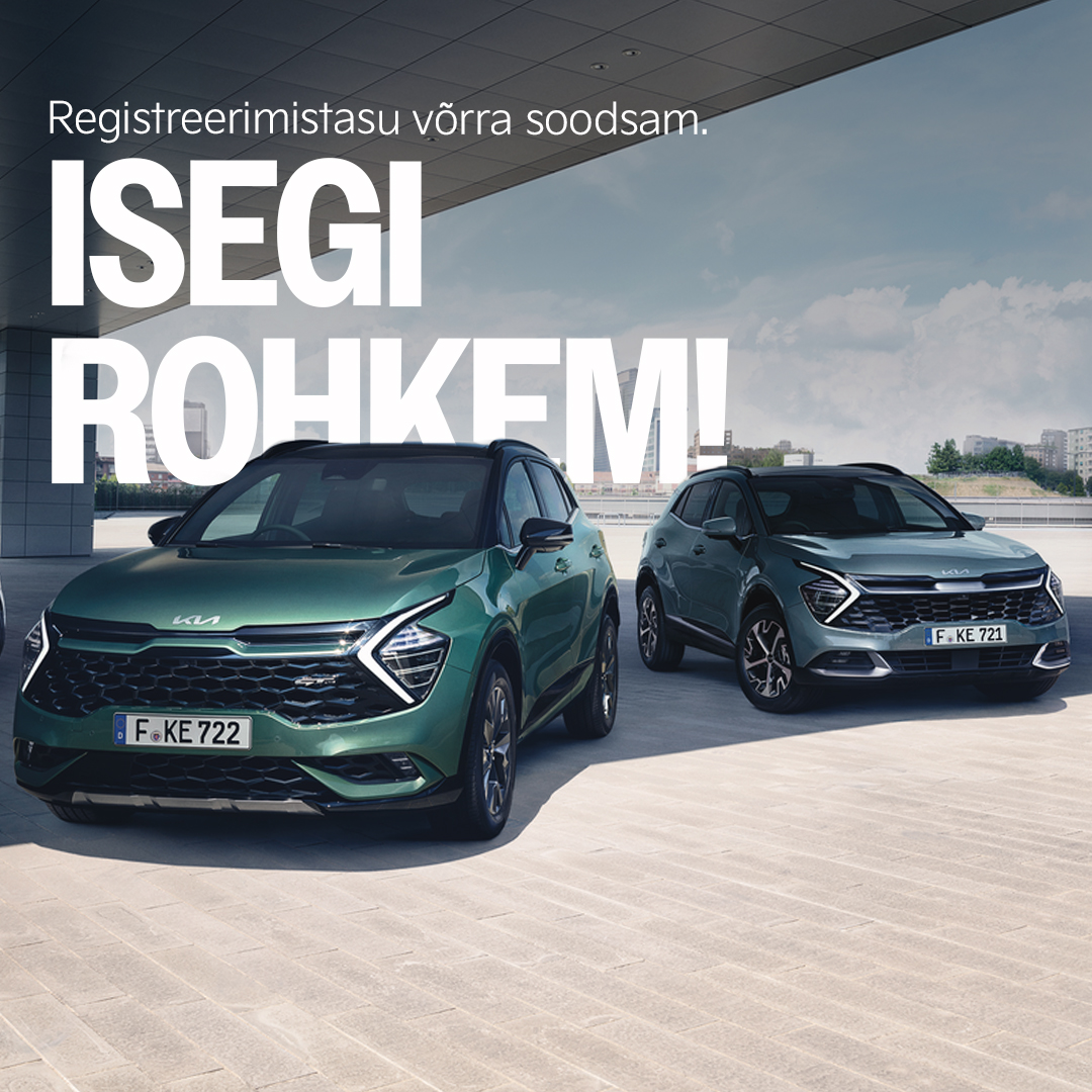Kaks Kia Sportage linnamaasturit moodsas keskkonnas – esiplaanil roheline, taustal tumehall mudel. Kampaaniasõnum: registreerimistasu võrra soodsam